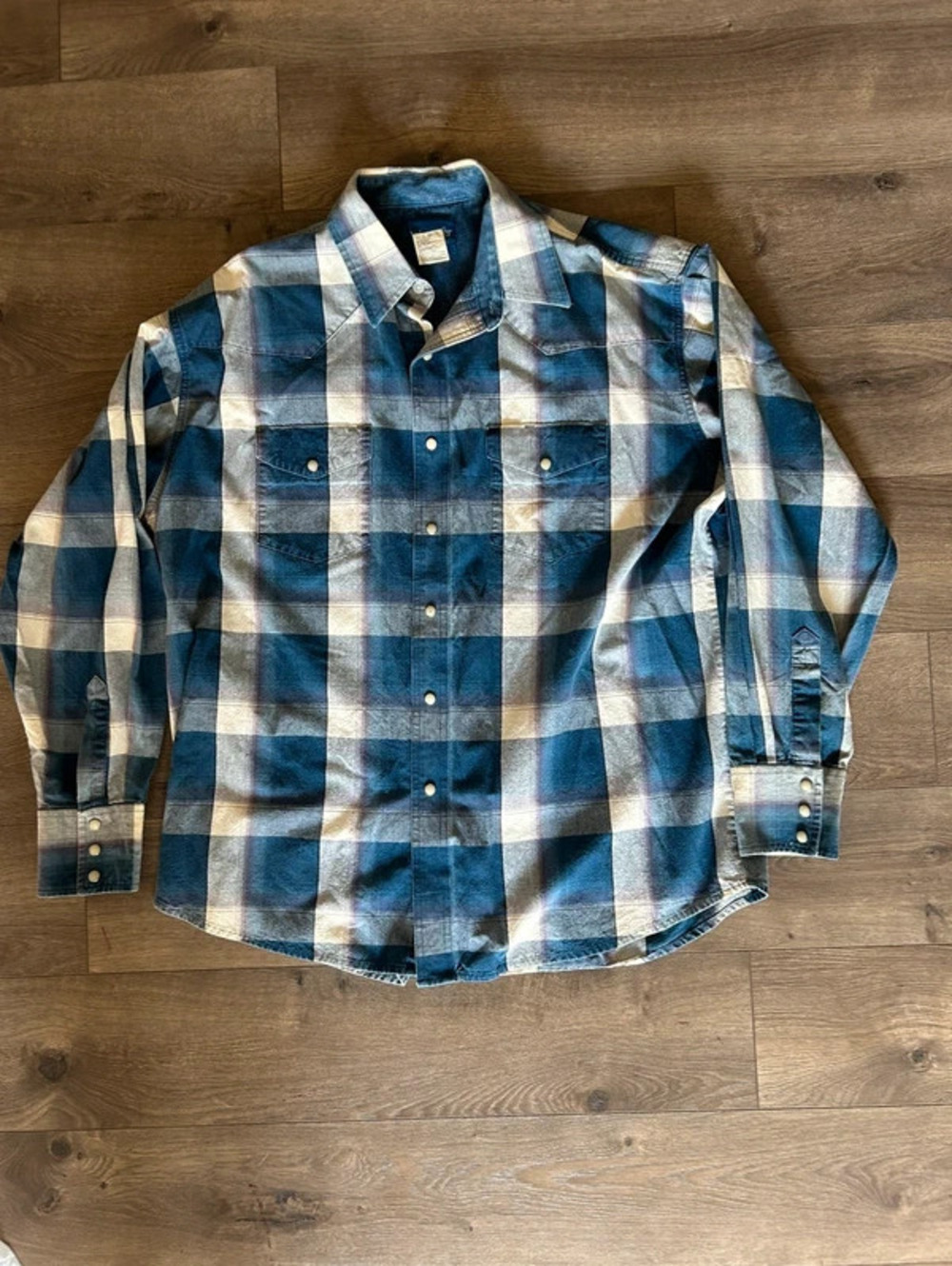 vintage wrangler western shirt mens XL blue plaid pearl snap